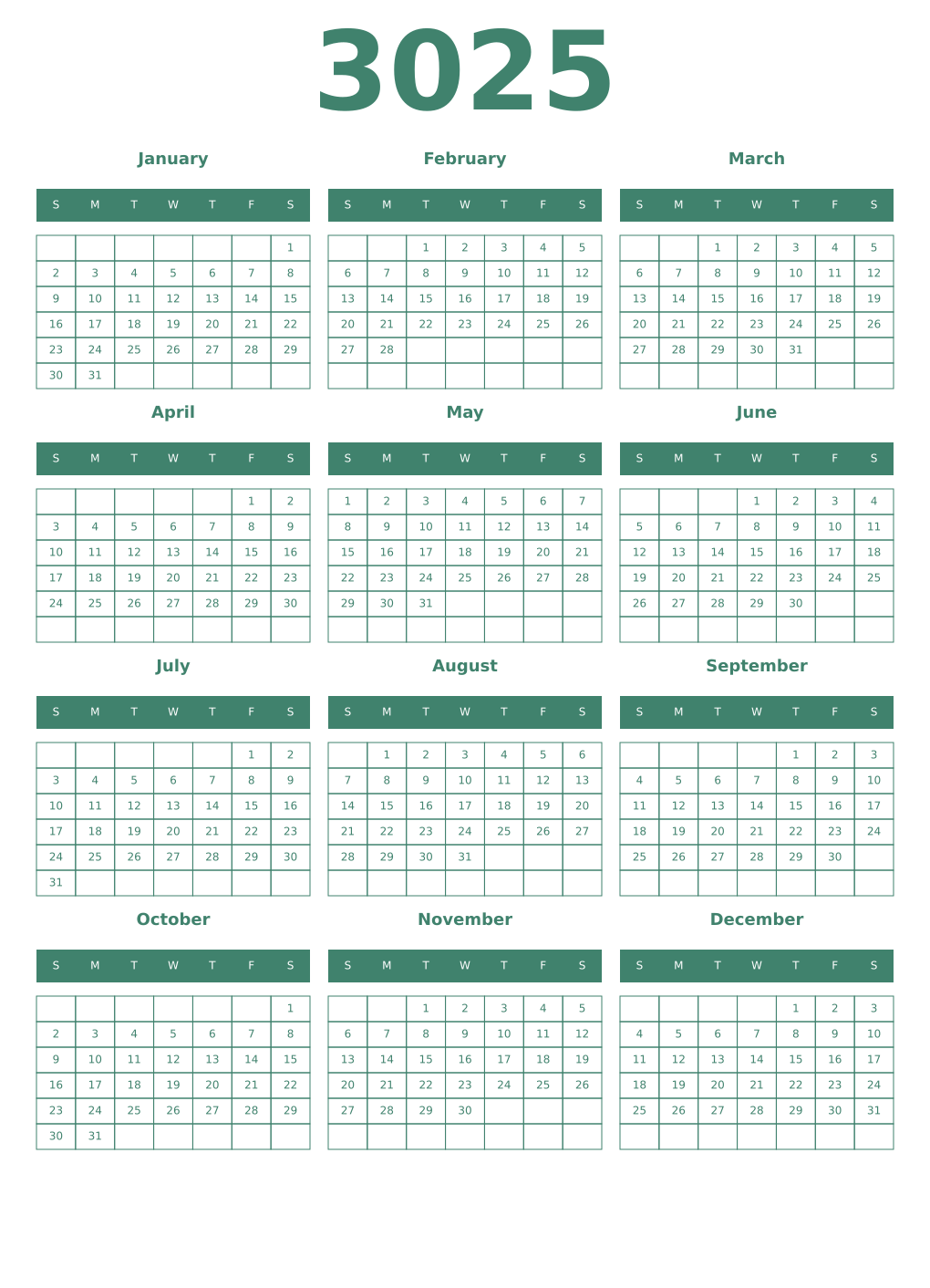 Printable 3025 Year Calendars viridian