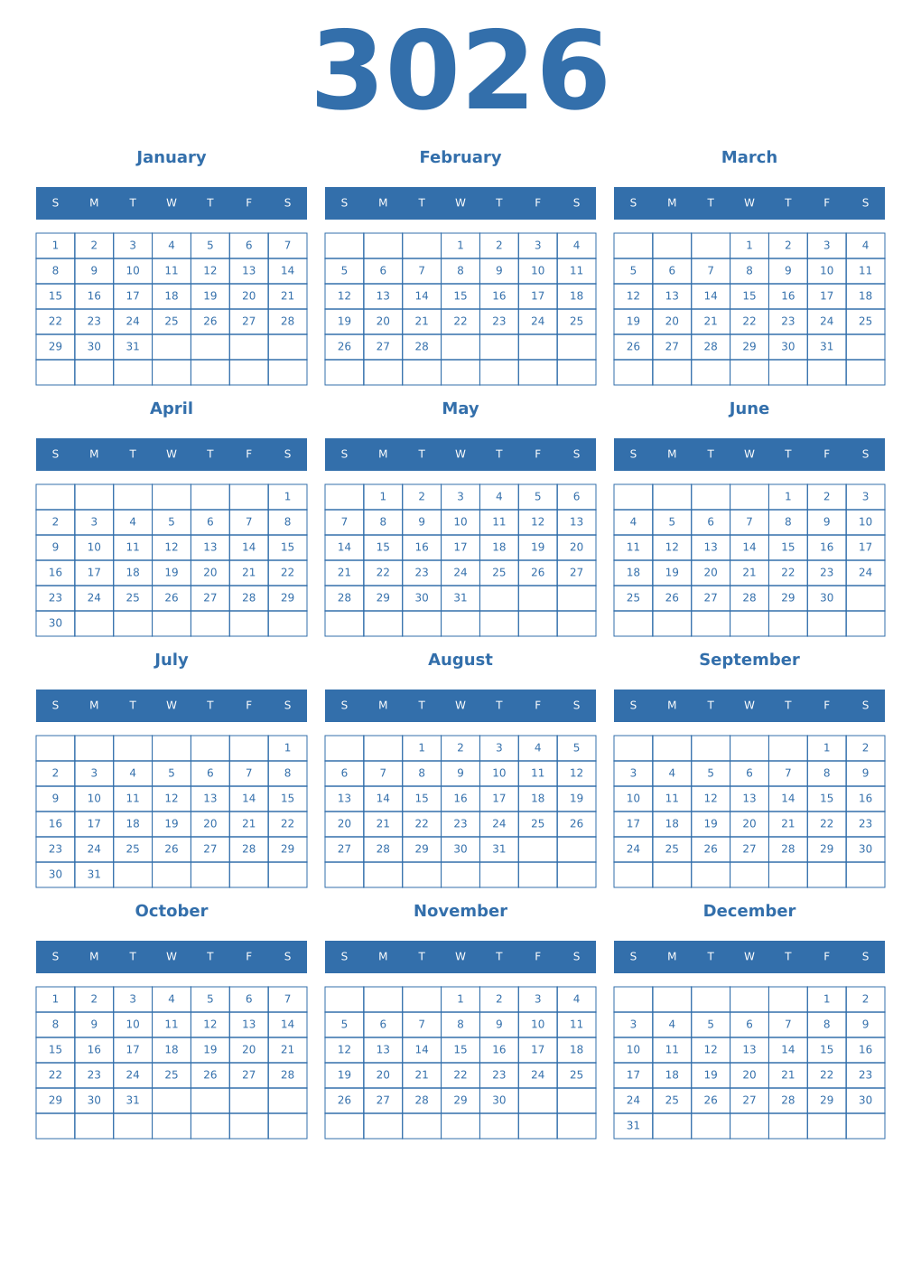 Printable 3026 Year Calendars blue