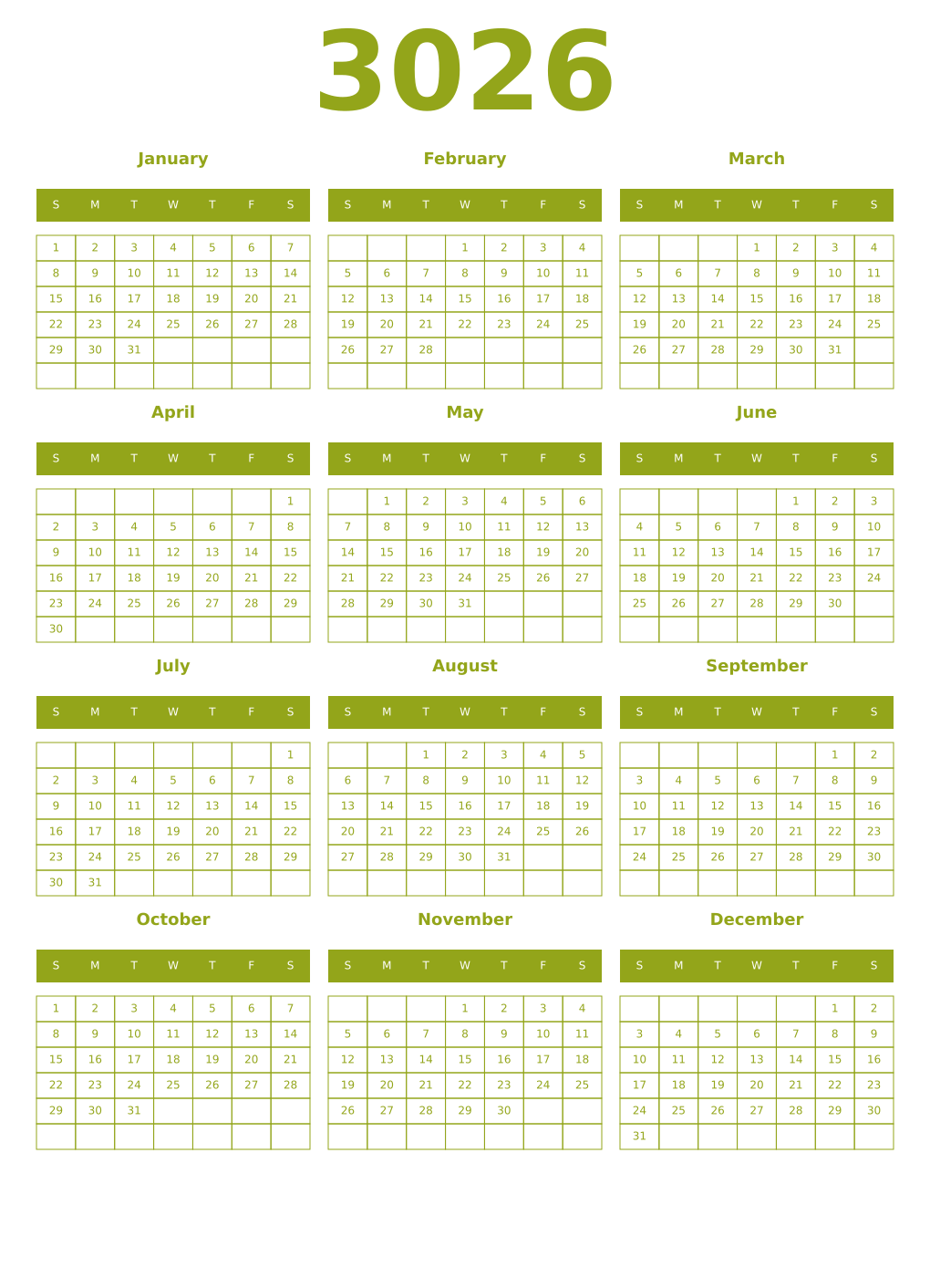 Printable 3026 Year Calendars chartreuse