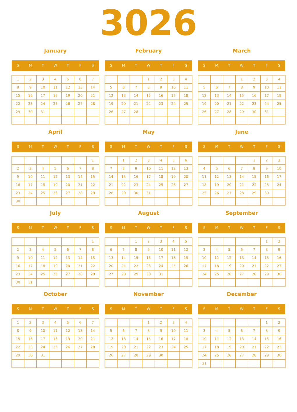 Printable 3026 Year Calendars gamboge