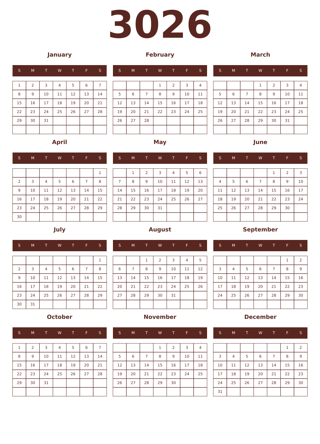 Printable 3026 Year Calendars mortuum