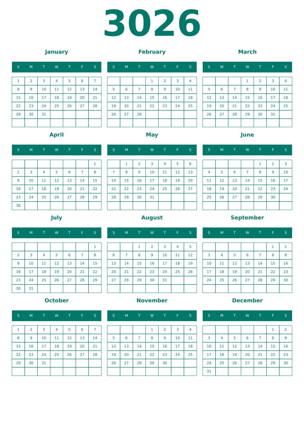 Printable 3026 Year Calendars pastel