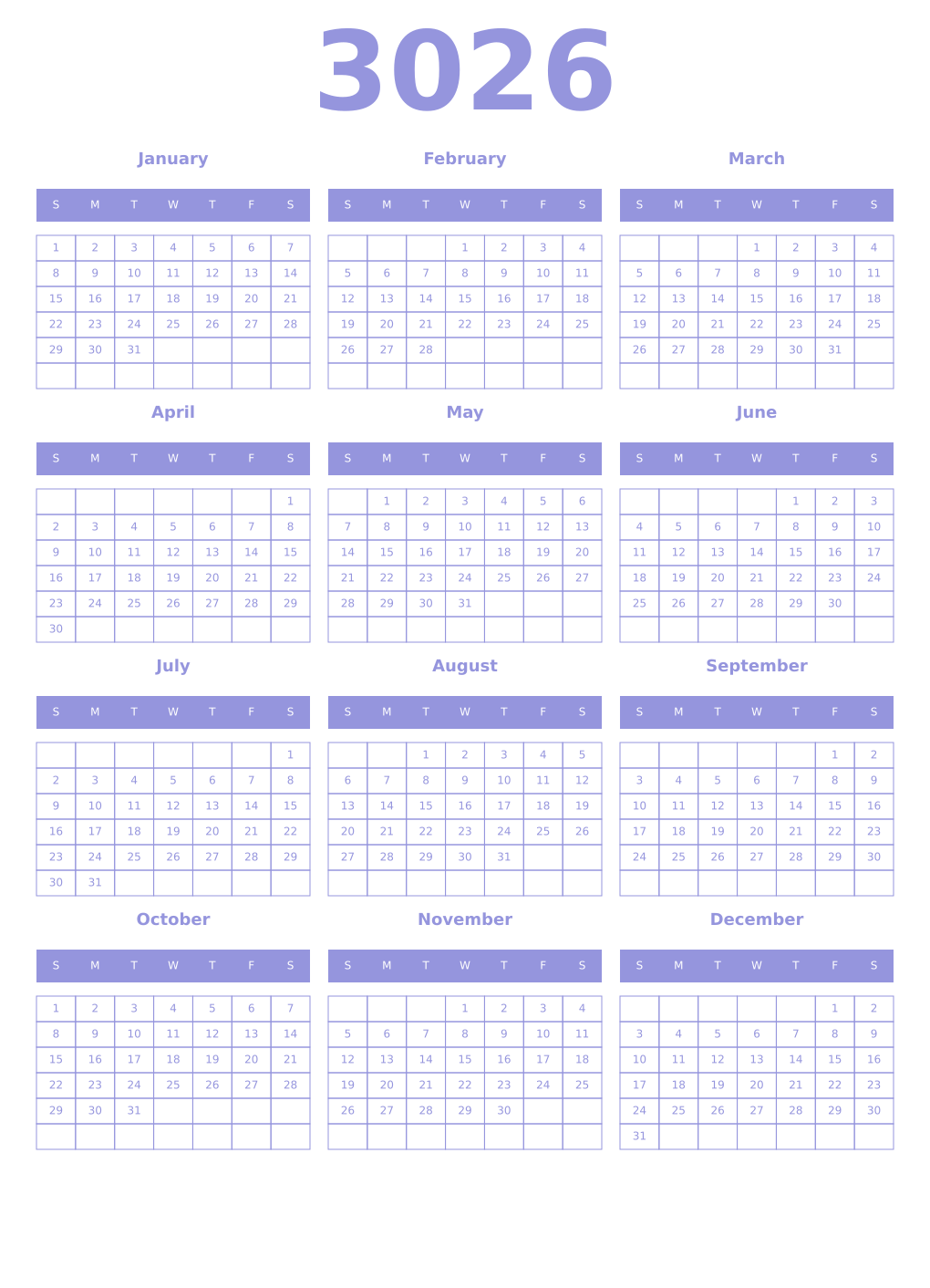 Printable 3026 Year Calendars periwinkle