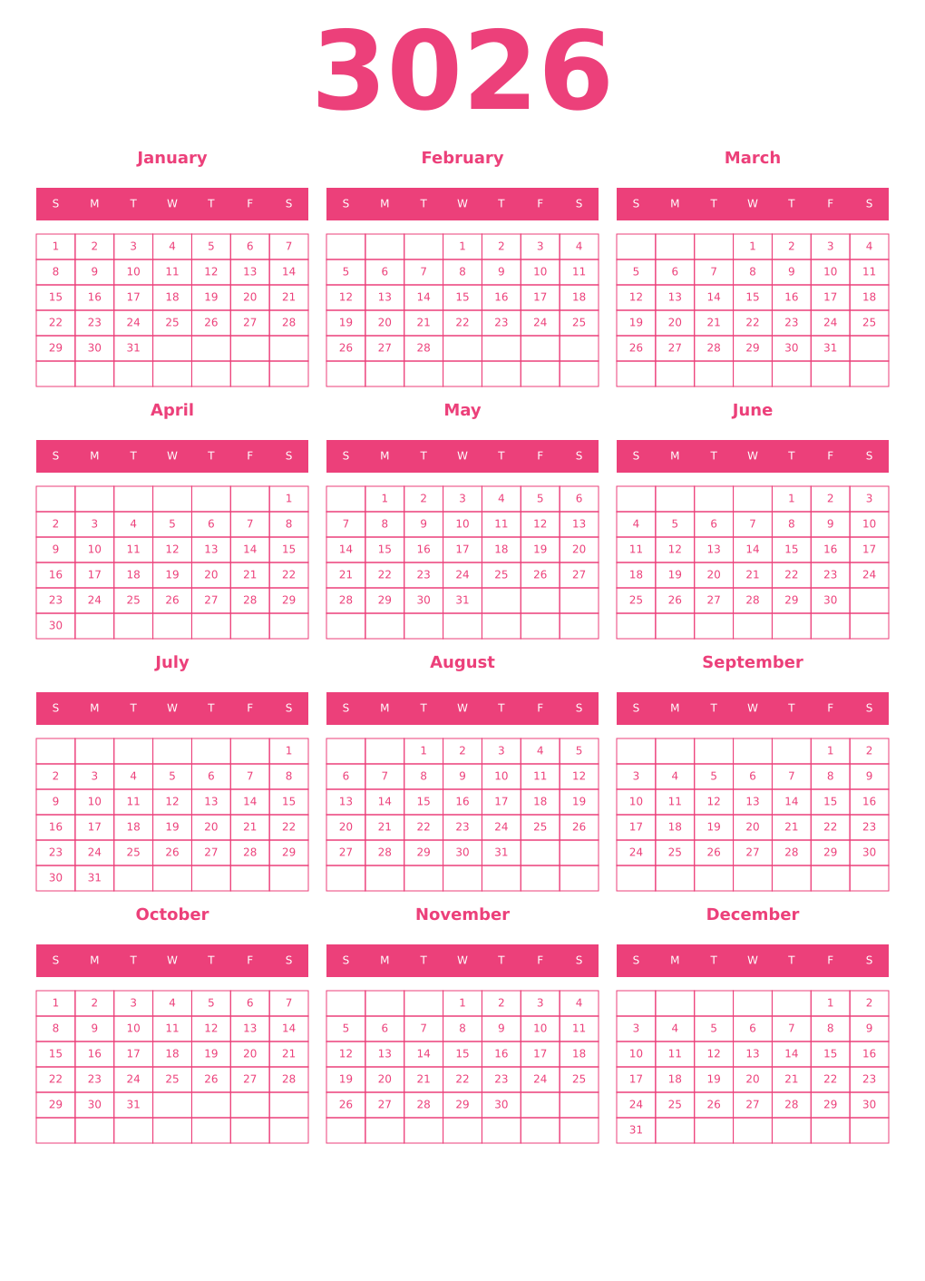 Printable 3026 Year Calendars pink