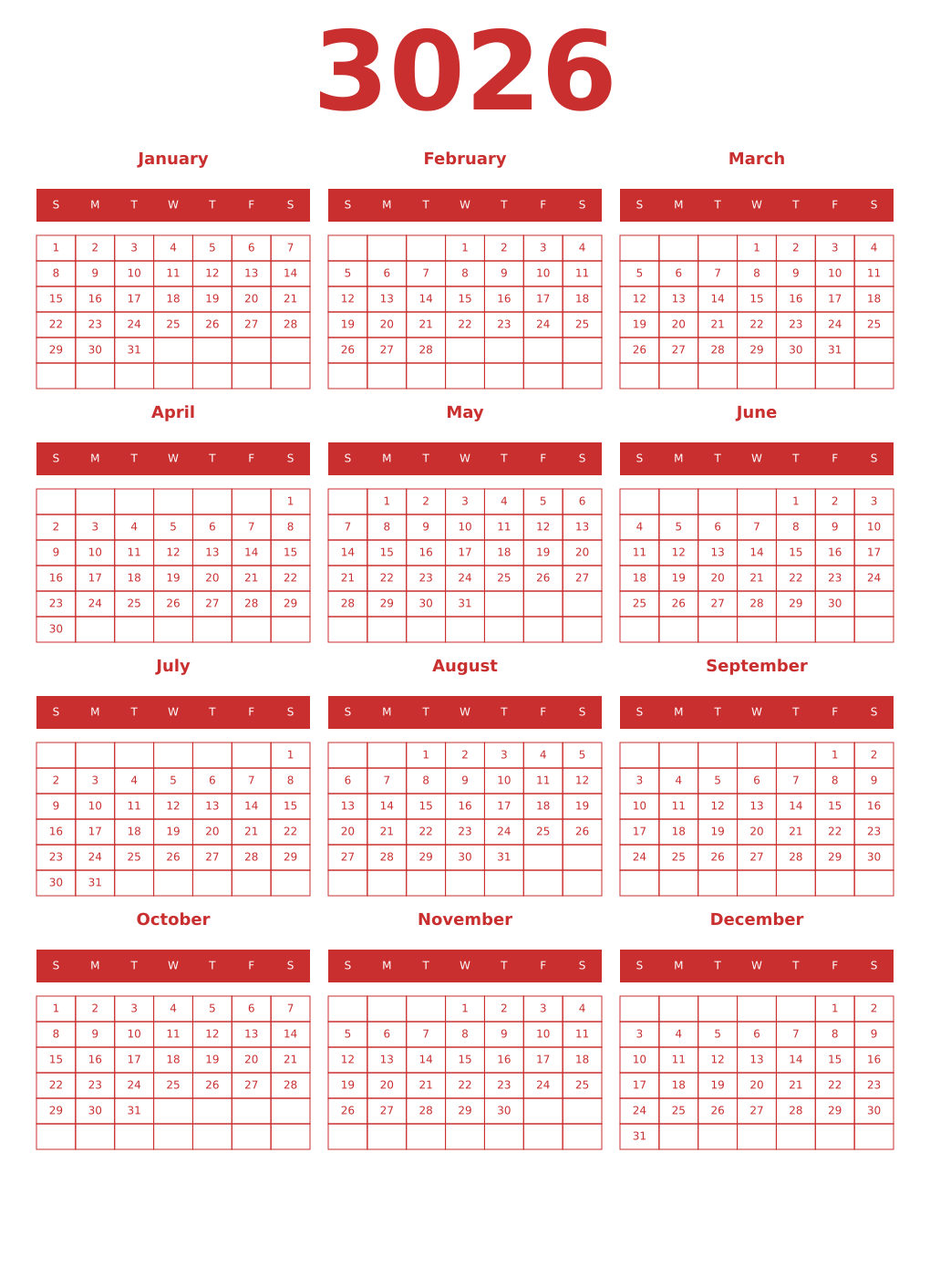 Printable 3026 Year Calendars red