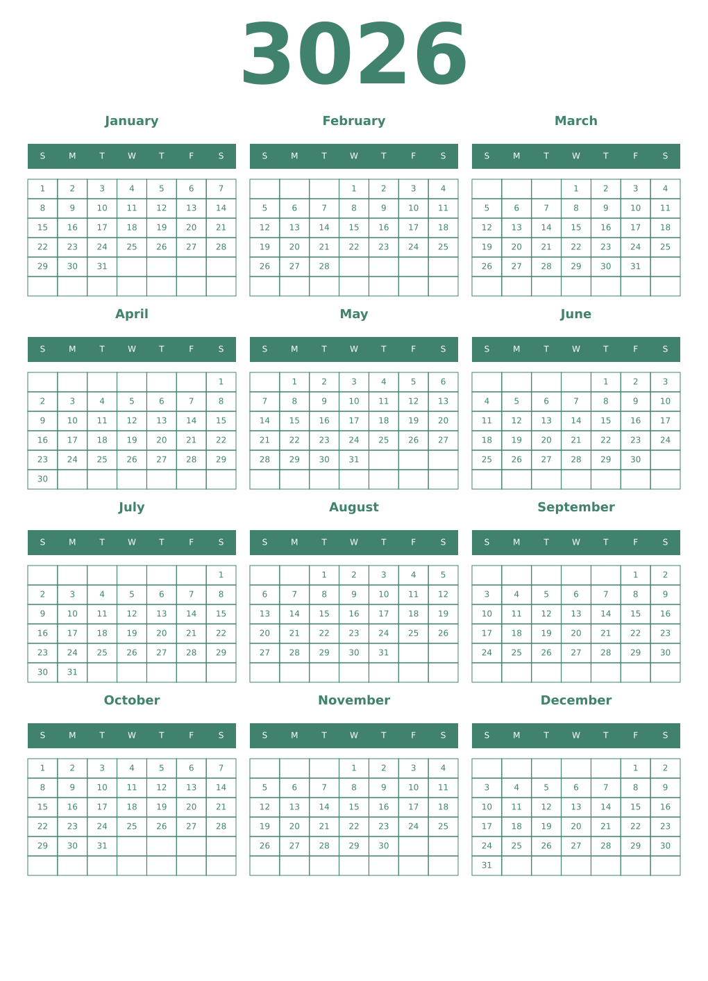Printable 3026 Year Calendars viridian
