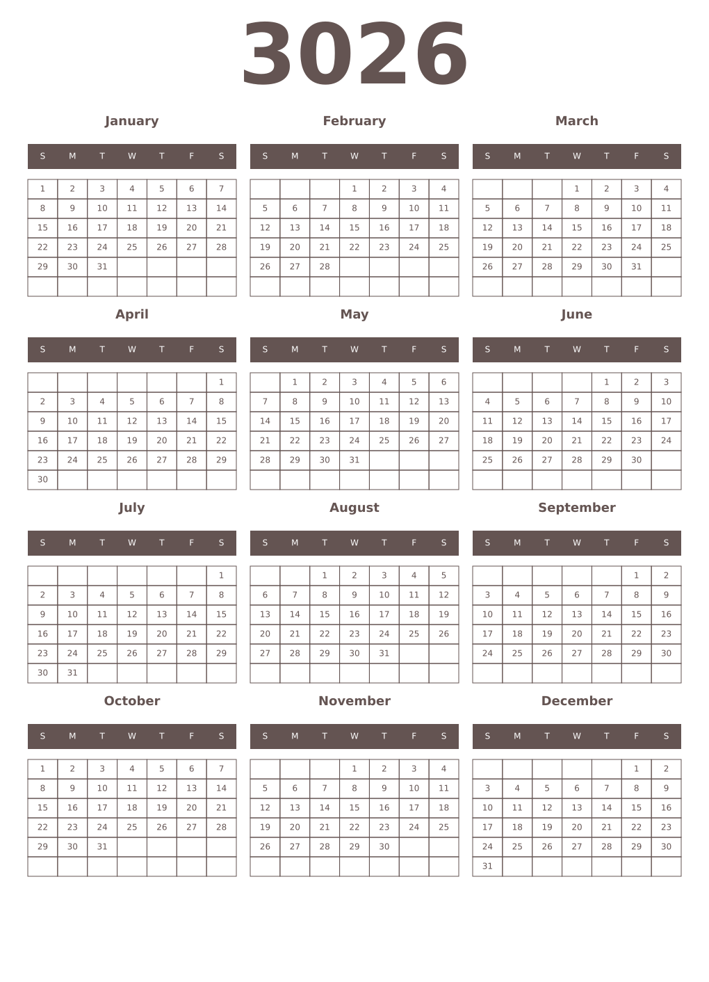 Printable 3026 Year Calendars wenge