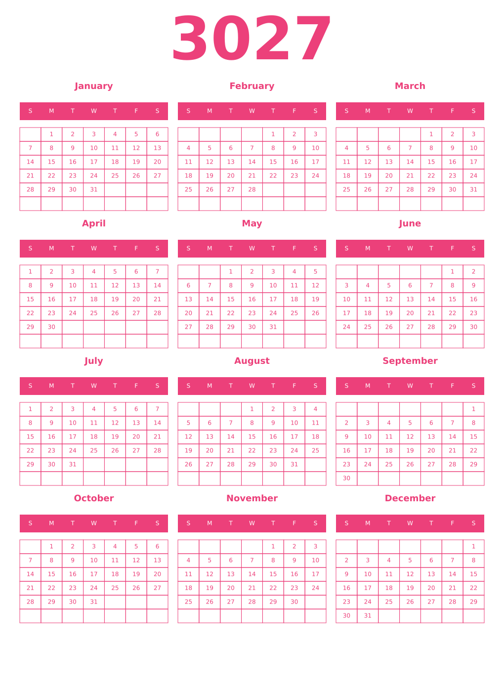 Printable 3027 Year Calendars pink