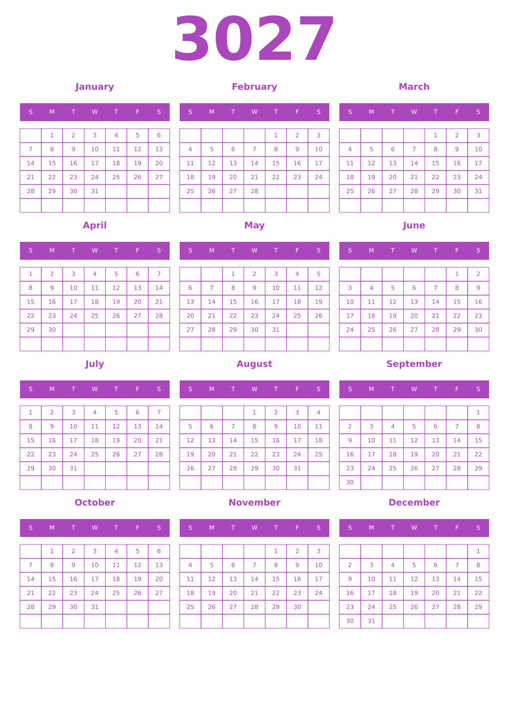 Printable 3027 Year Calendars purple