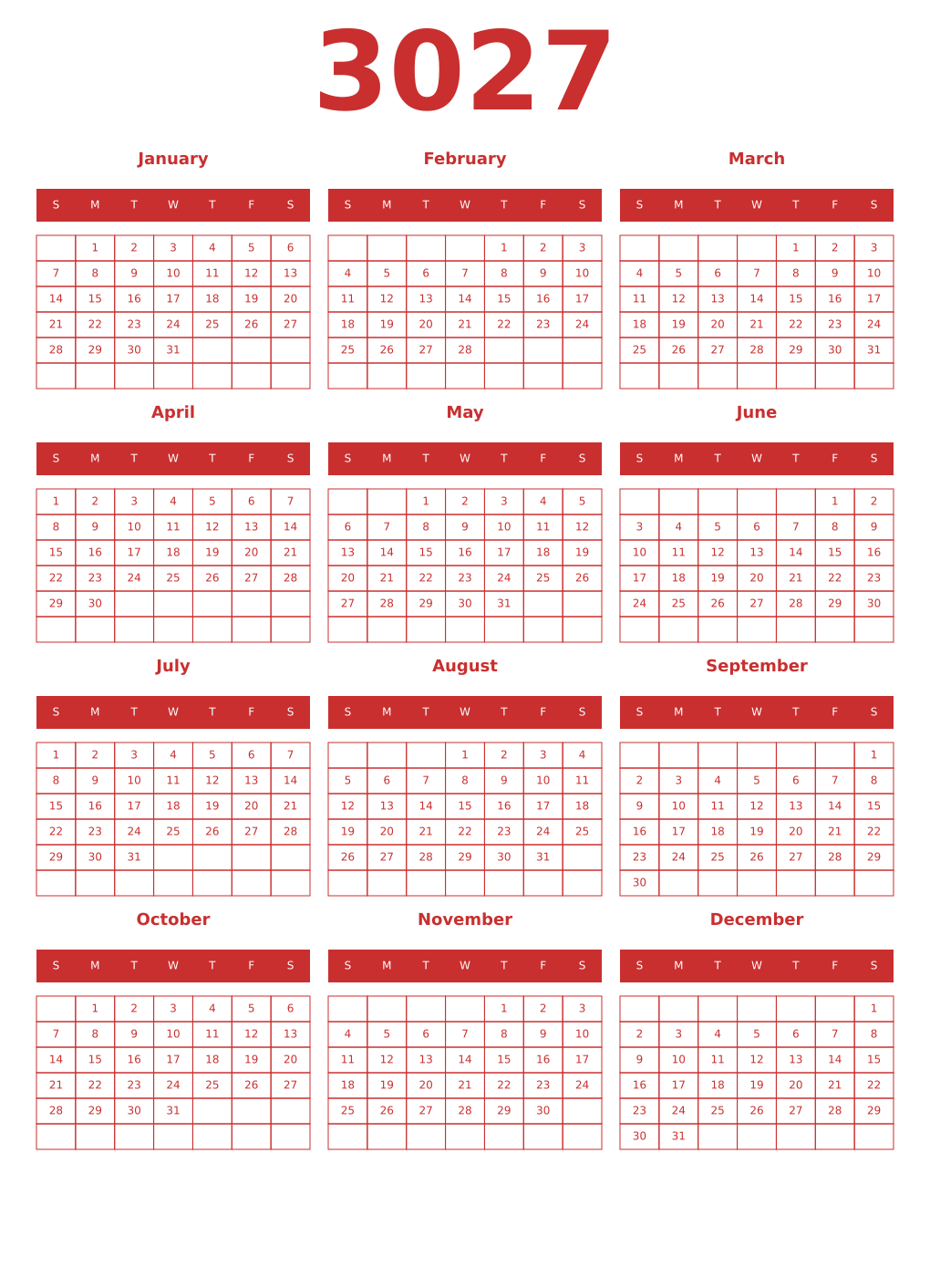 Printable 3027 Year Calendars red
