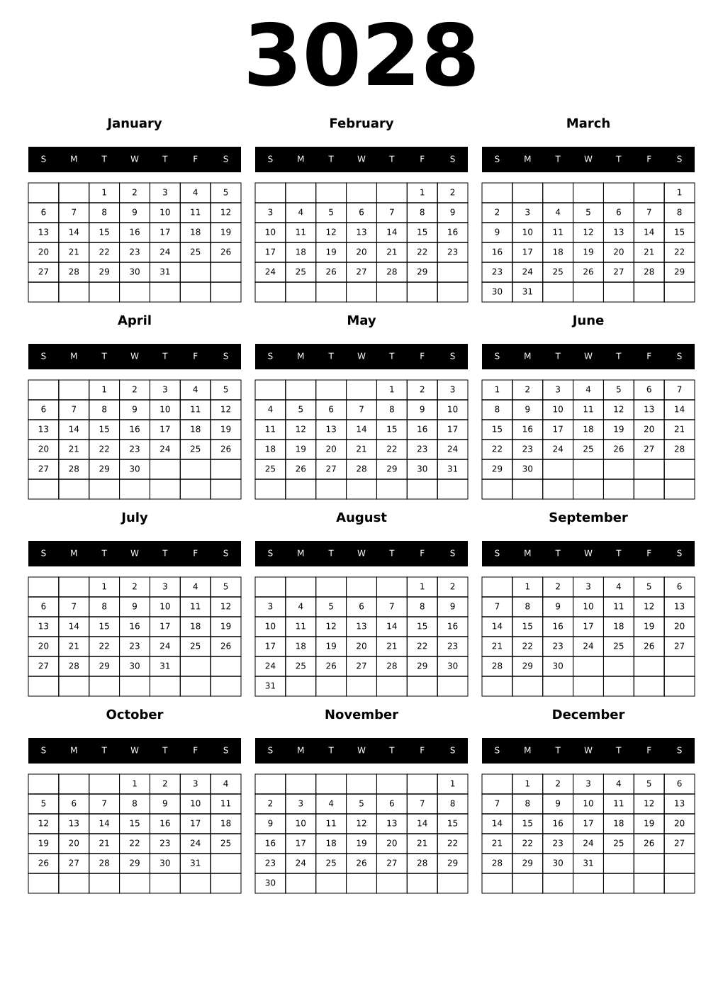 Printable 3028 Year Calendars black