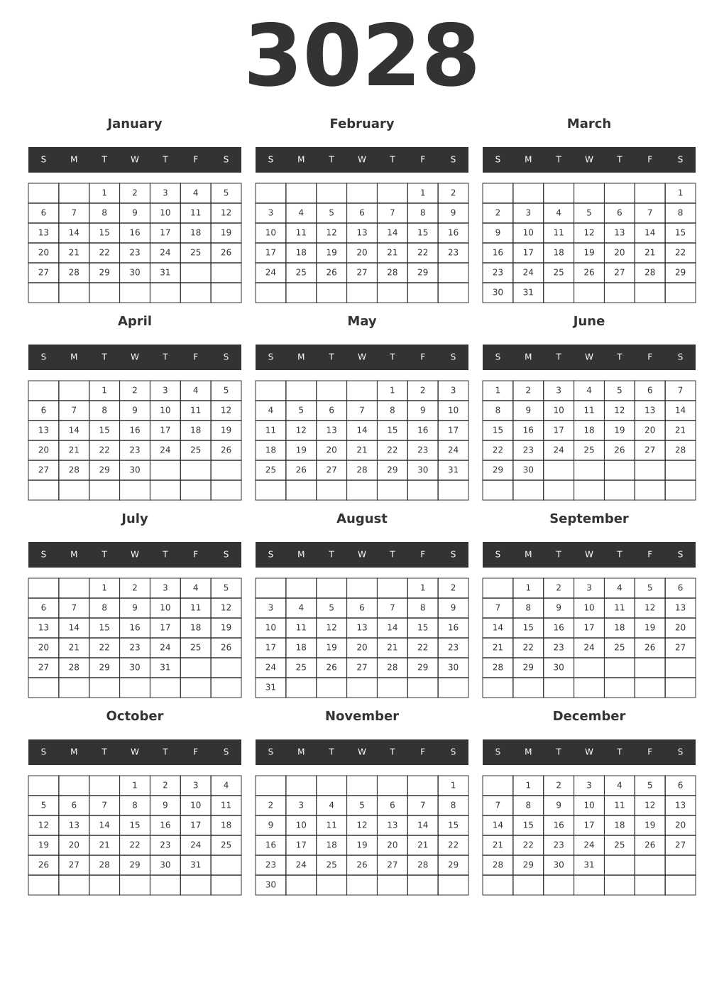 Printable 3028 Year Calendars dark