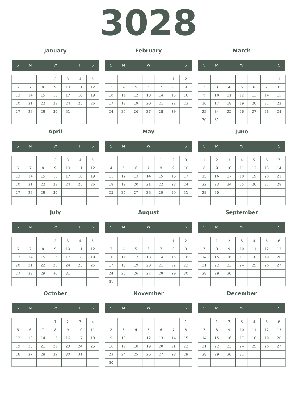 Printable 3028 Year Calendars feldgrau
