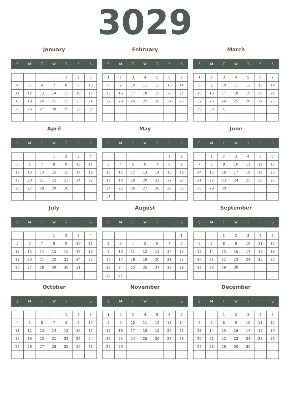 Printable 3029 Year Calendars feldgrau