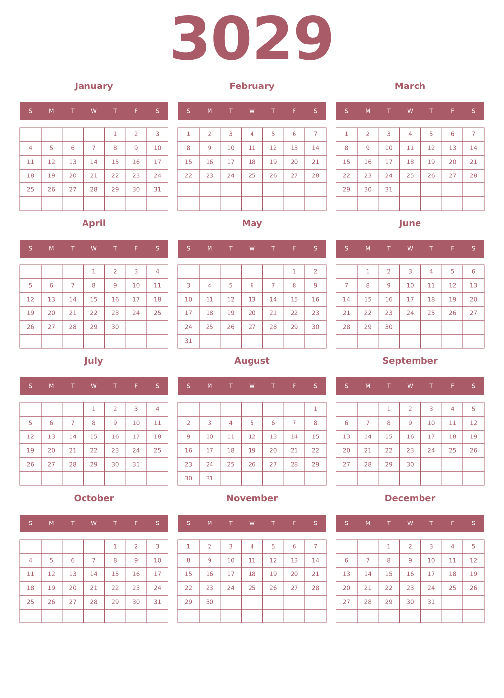 Printable 3029 Year Calendars puce