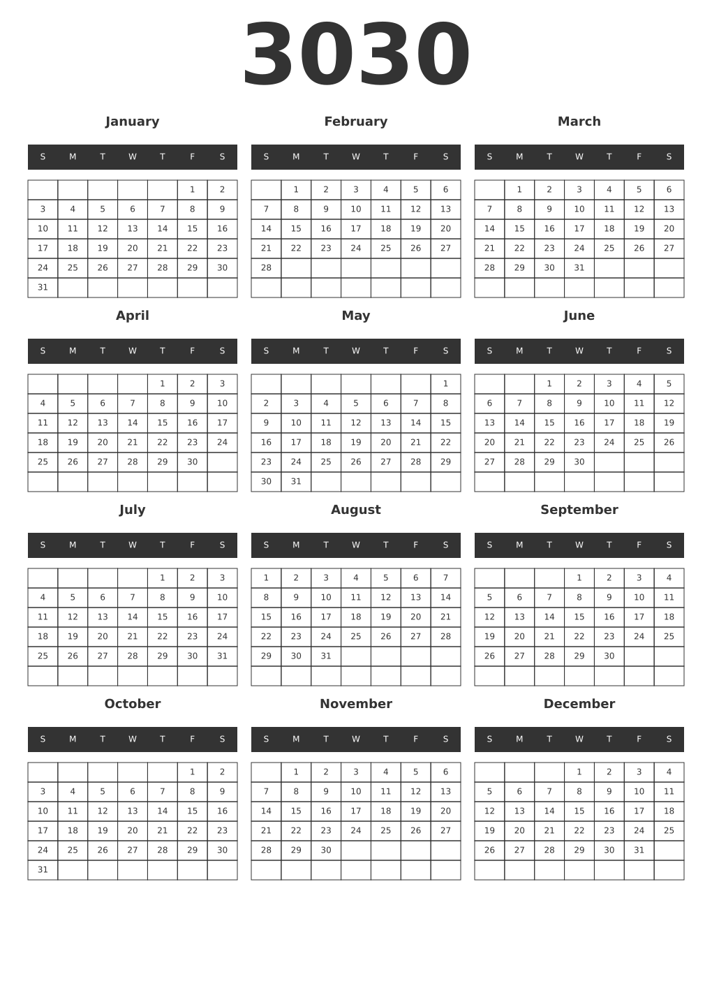 Printable 3030 Year Calendars dark