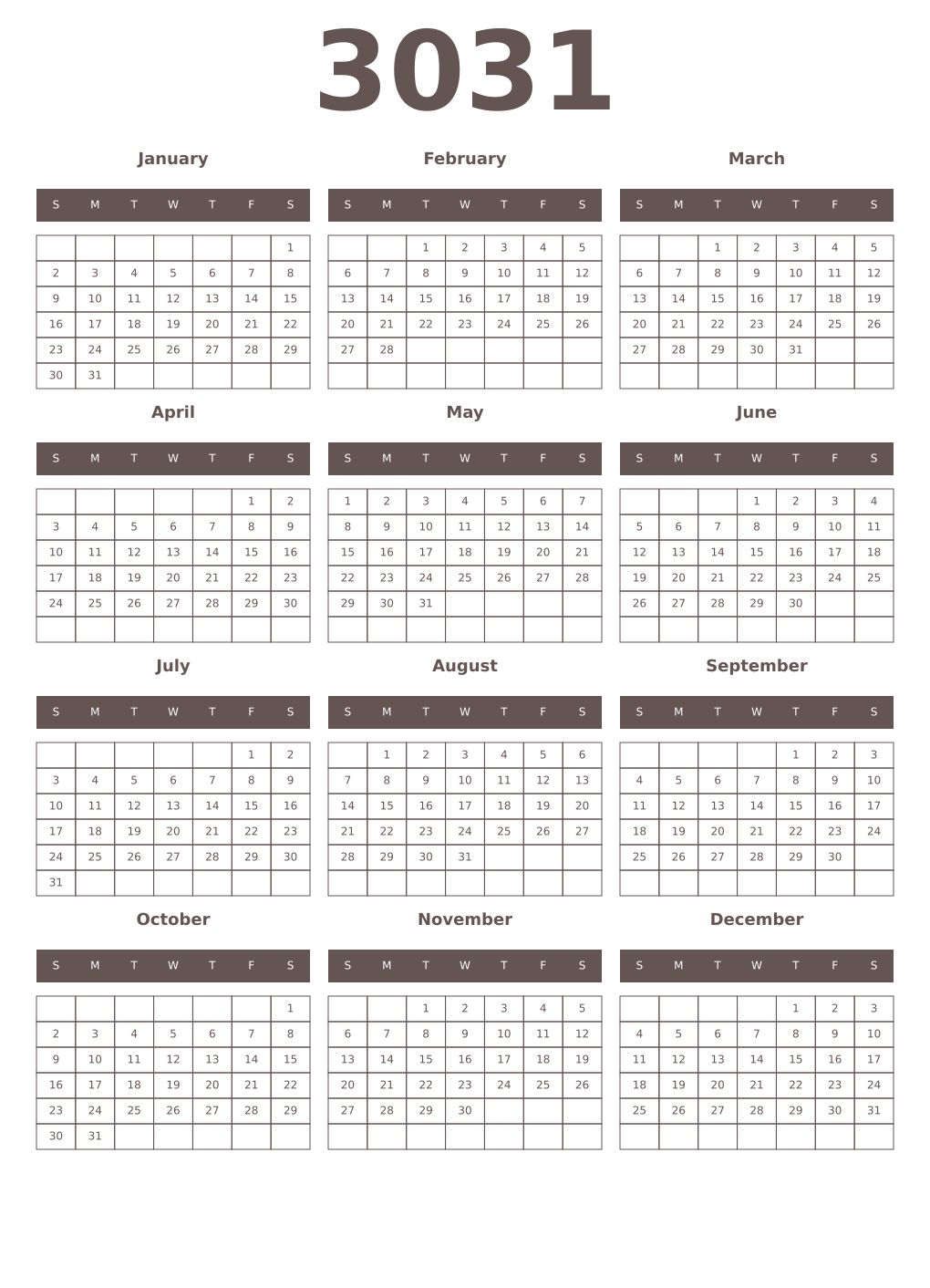 Printable 3031 Year Calendars wenge
