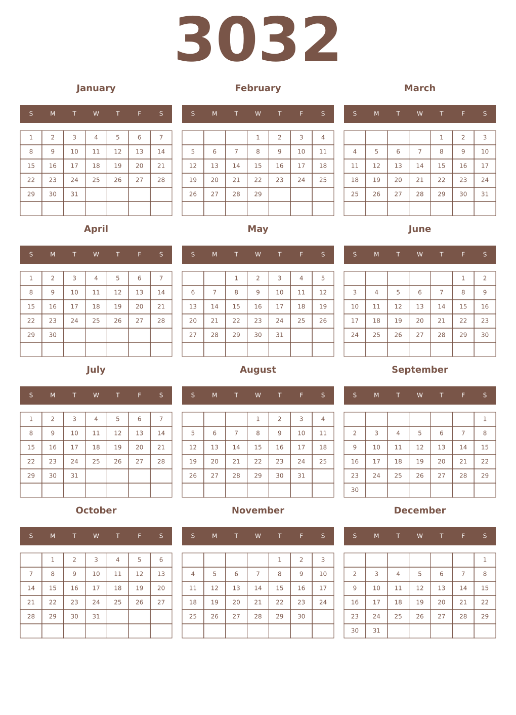 Printable 3032 Year Calendars coffe