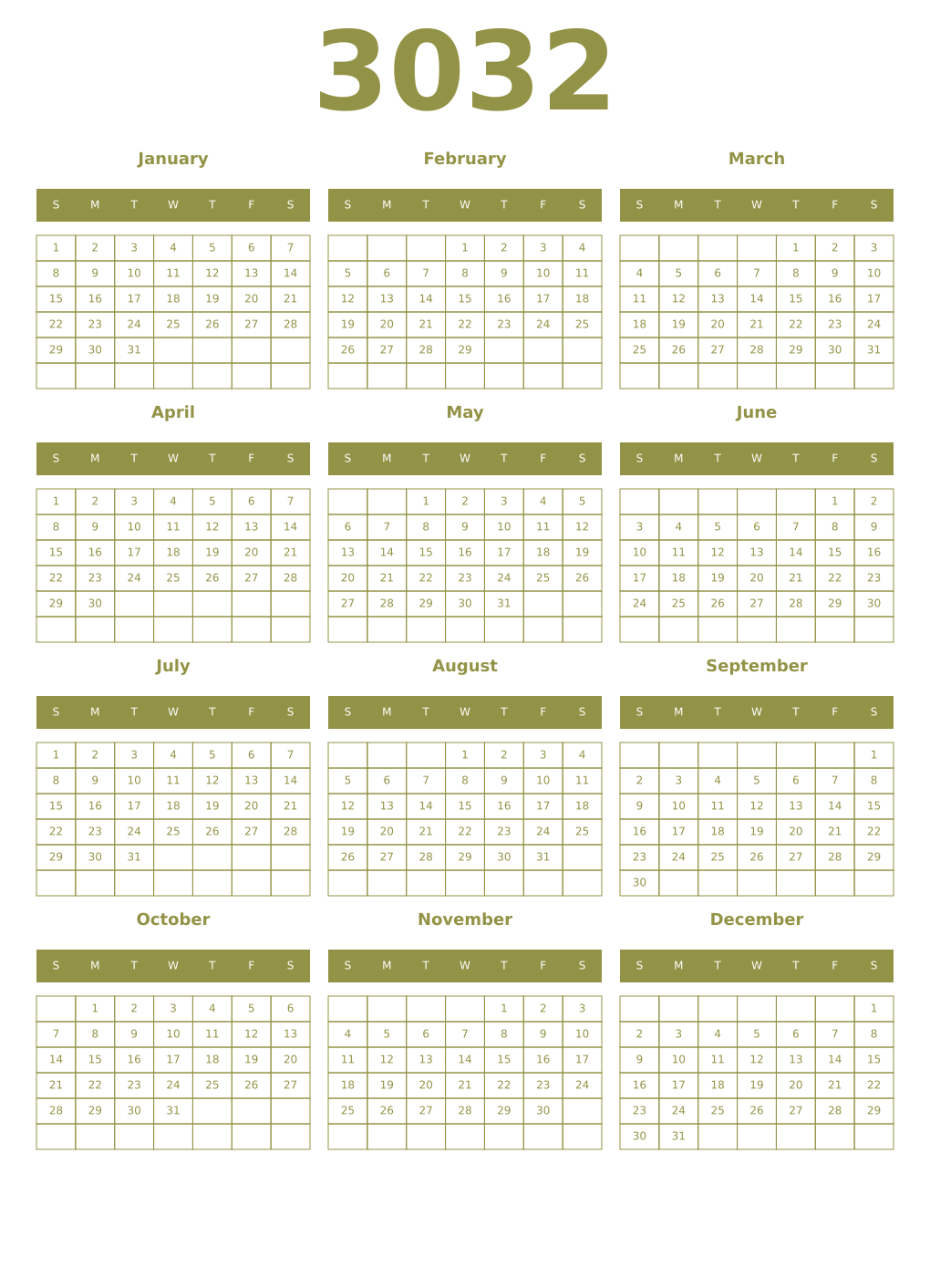 Printable 3032 Year Calendars eburnean