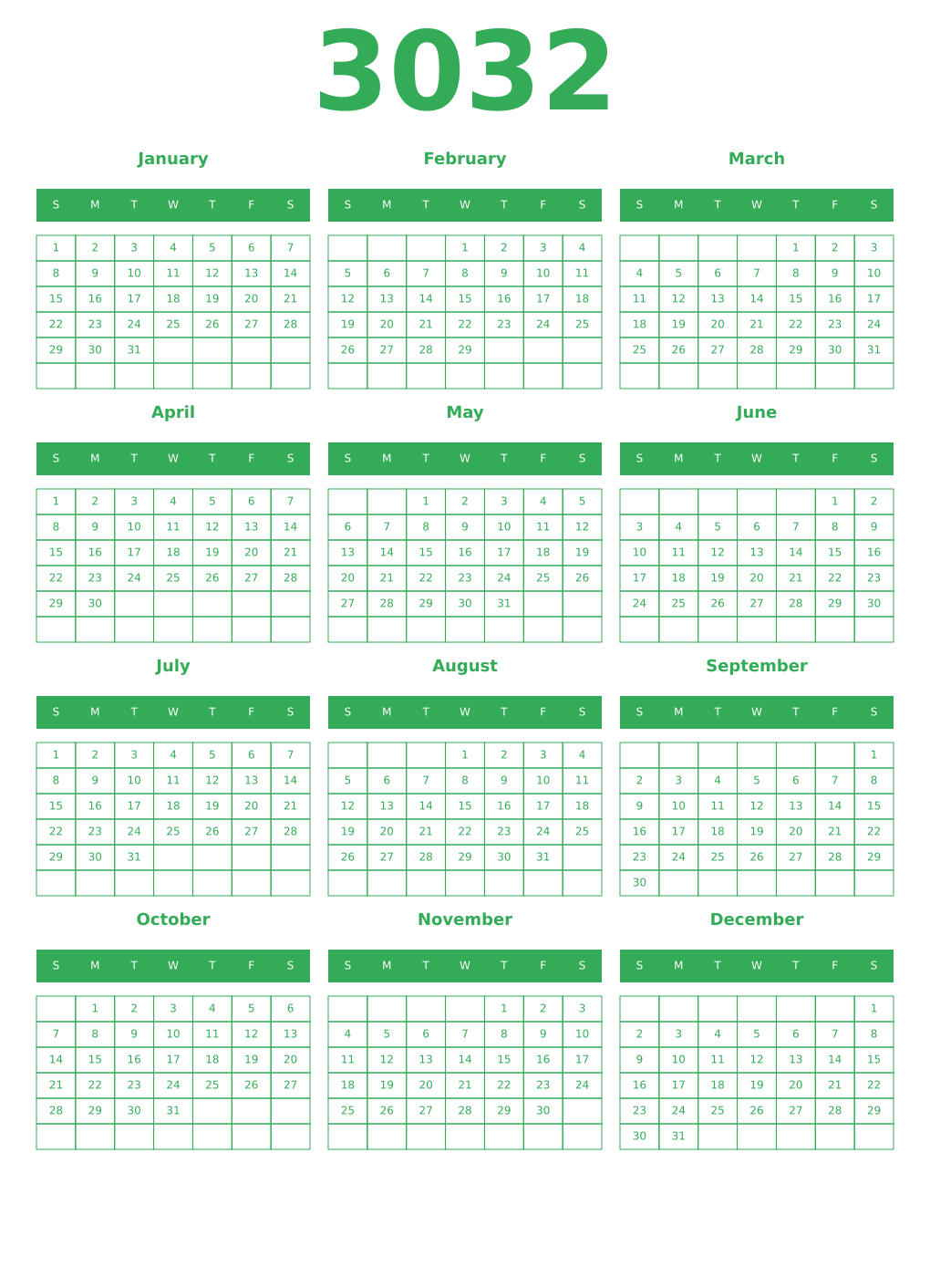 Printable 3032 Year Calendars green