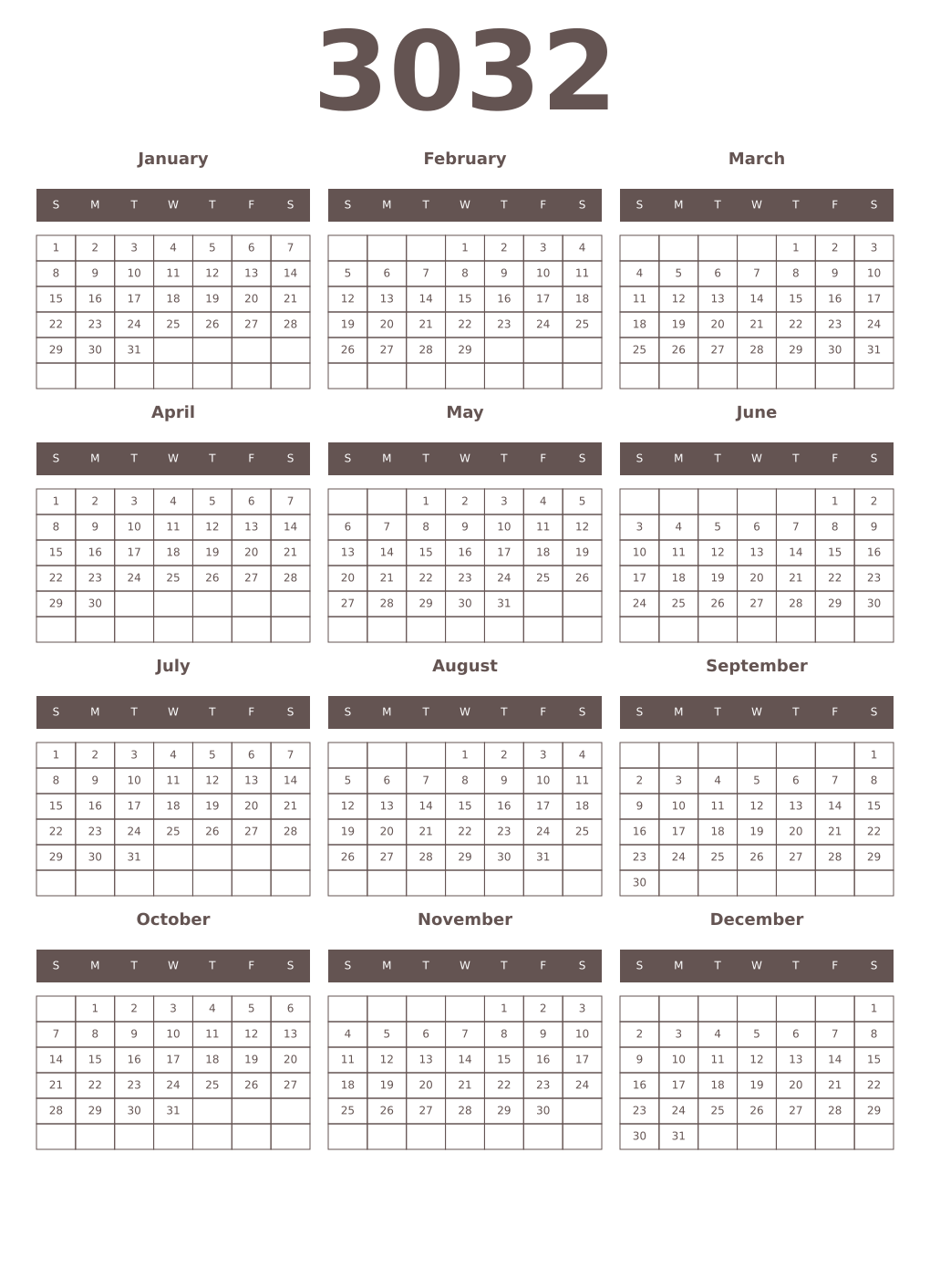 Printable 3032 Year Calendars wenge