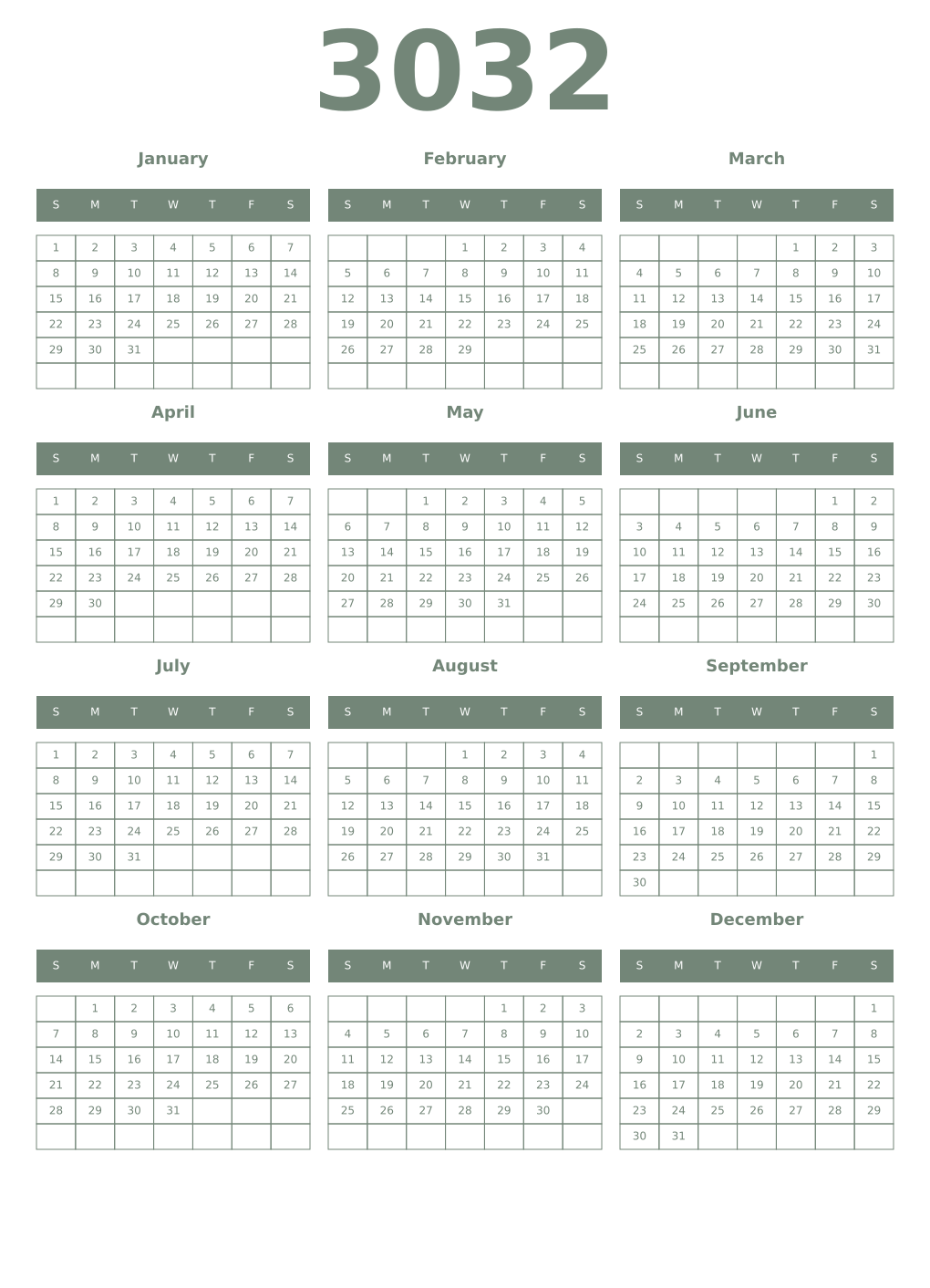 Printable 3032 Year Calendars xanadu