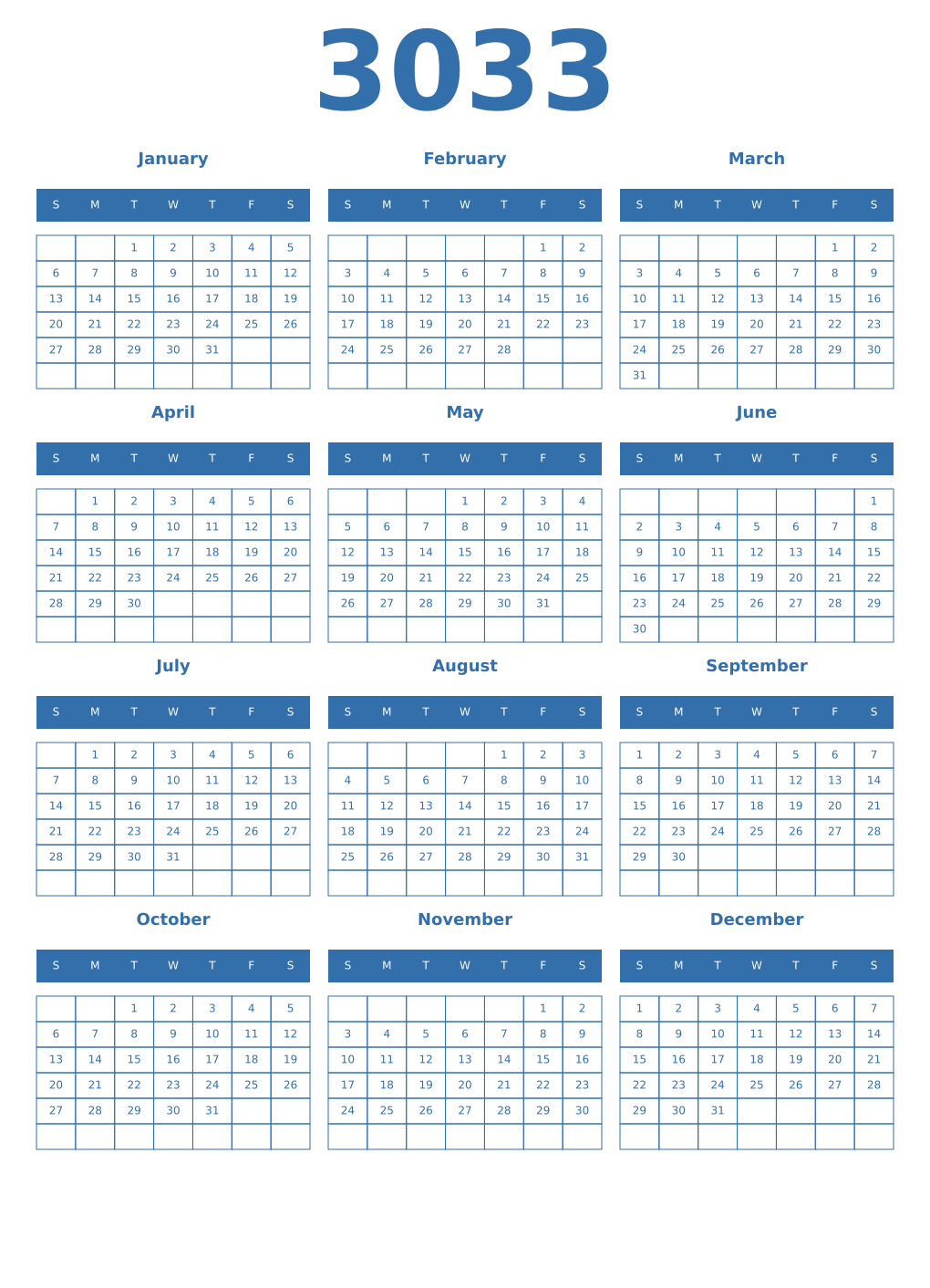 Printable 3033 Year Calendars blue