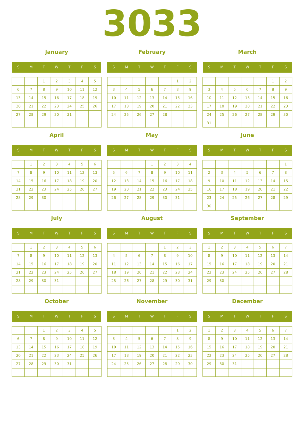 Printable 3033 Year Calendars chartreuse