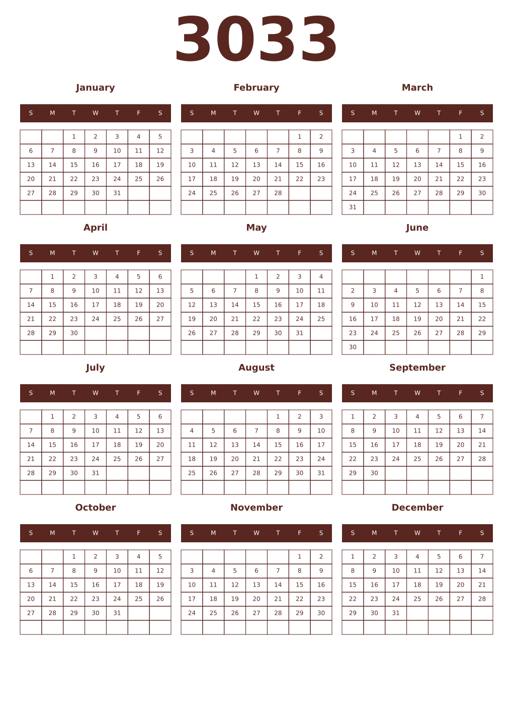 Printable 3033 Year Calendars mortuum