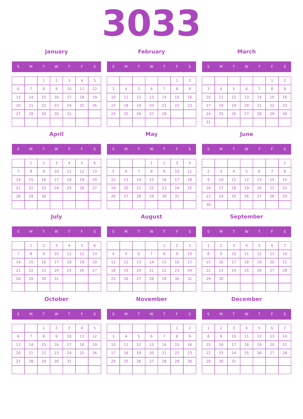 Printable 3033 Year Calendars purple