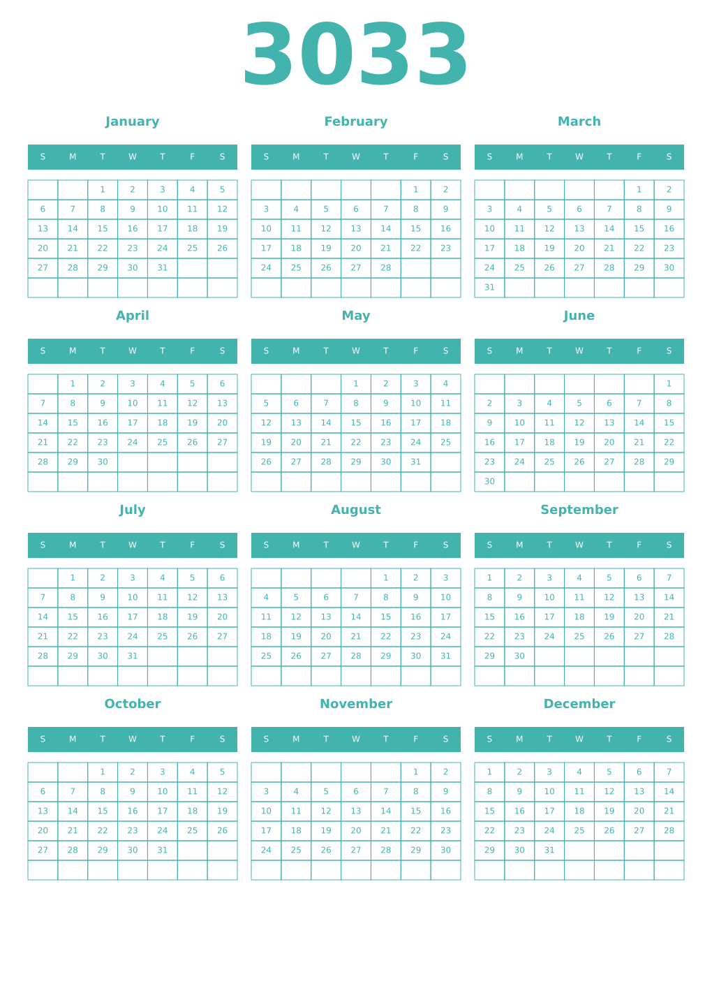 Printable 3033 Year Calendars verdigris
