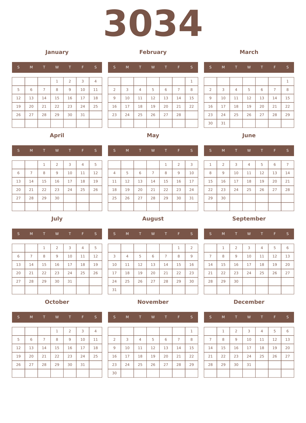 Printable 3034 Year Calendars coffe
