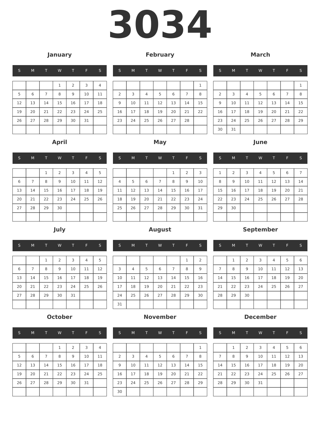 Printable 3034 Year Calendars dark
