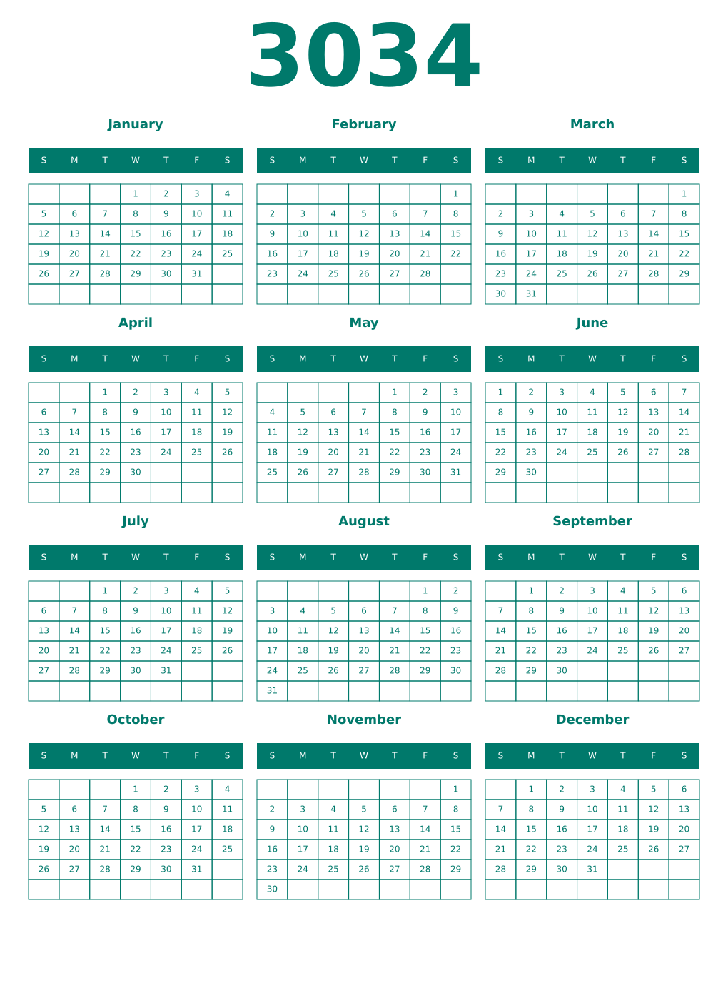 Printable 3034 Year Calendars pastel