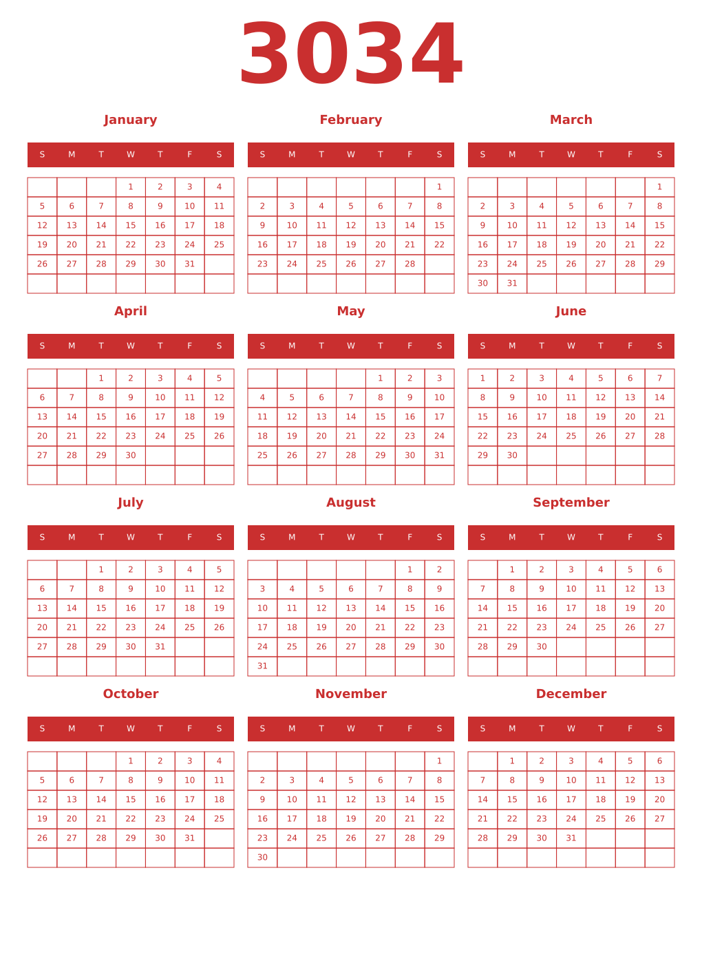Printable 3034 Year Calendars red