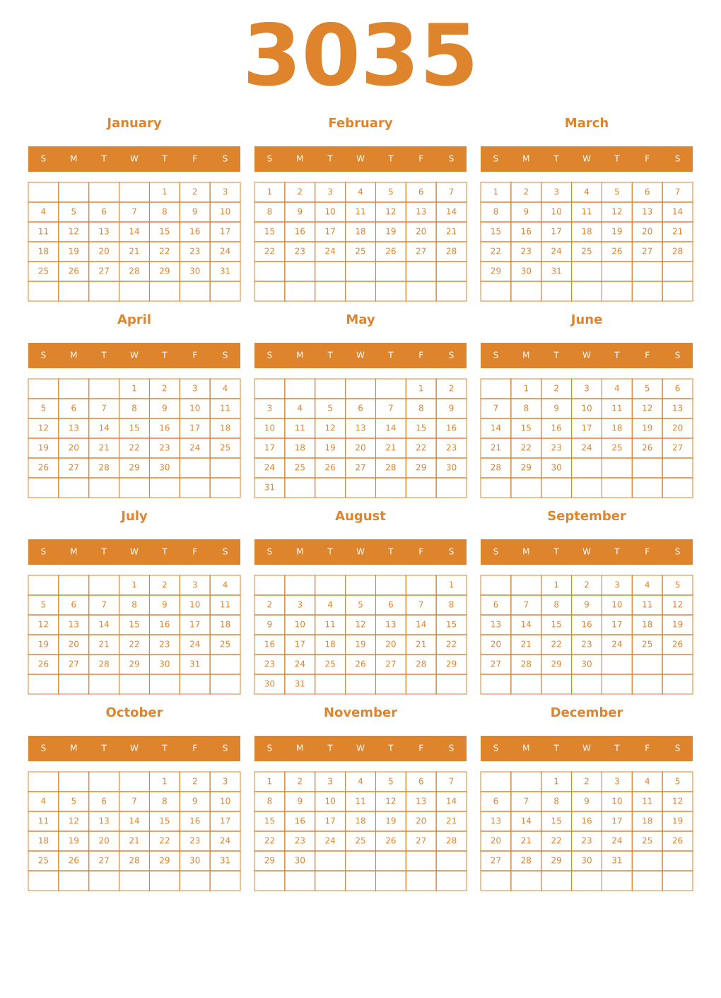 Printable 3035 Year Calendars orange