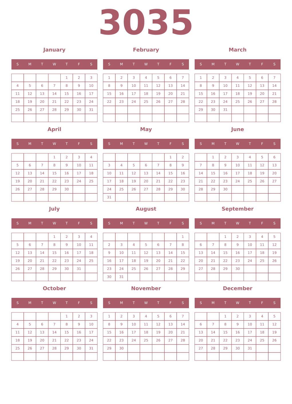Printable 3035 Year Calendars puce