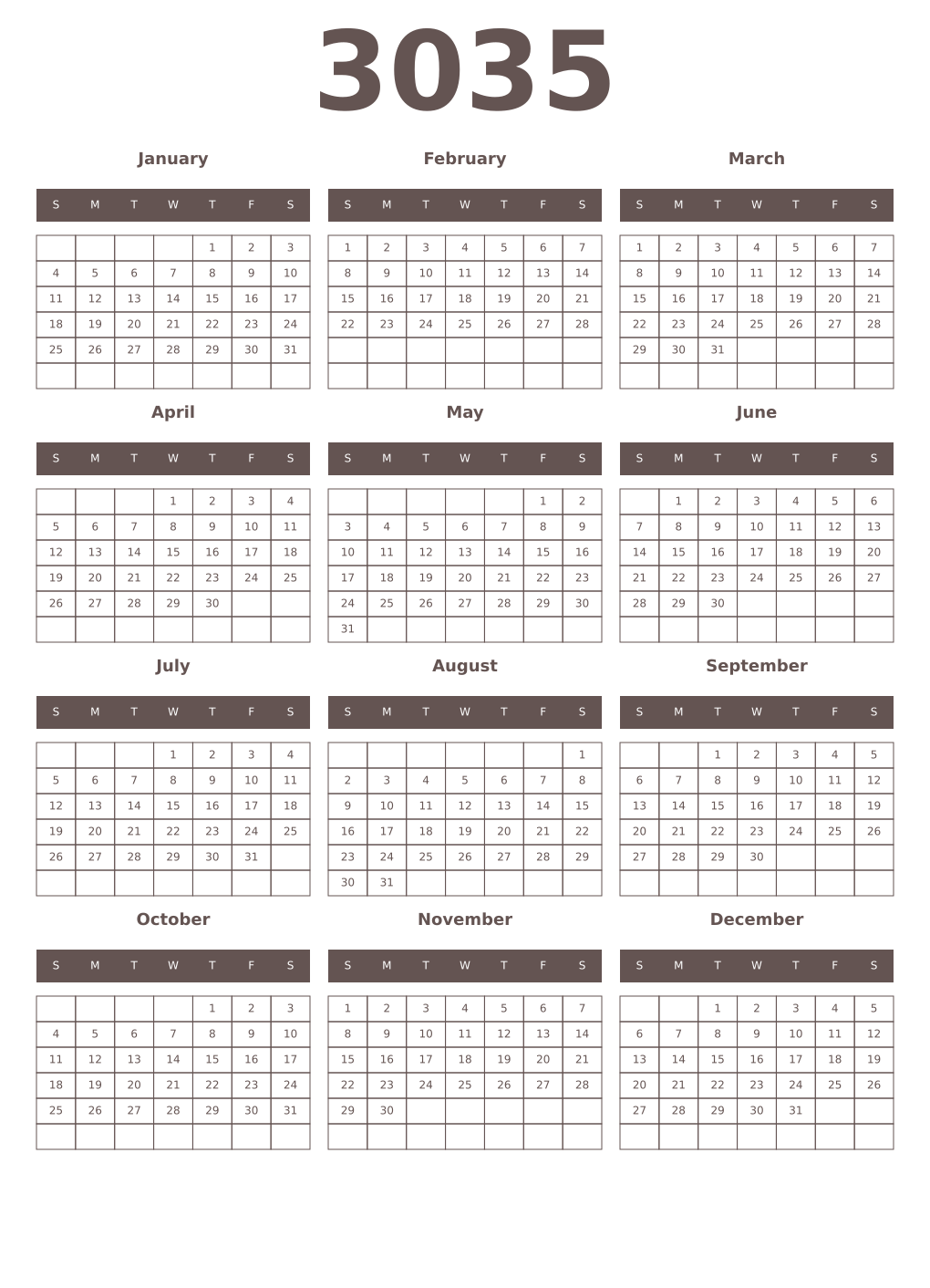 Printable 3035 Year Calendars wenge