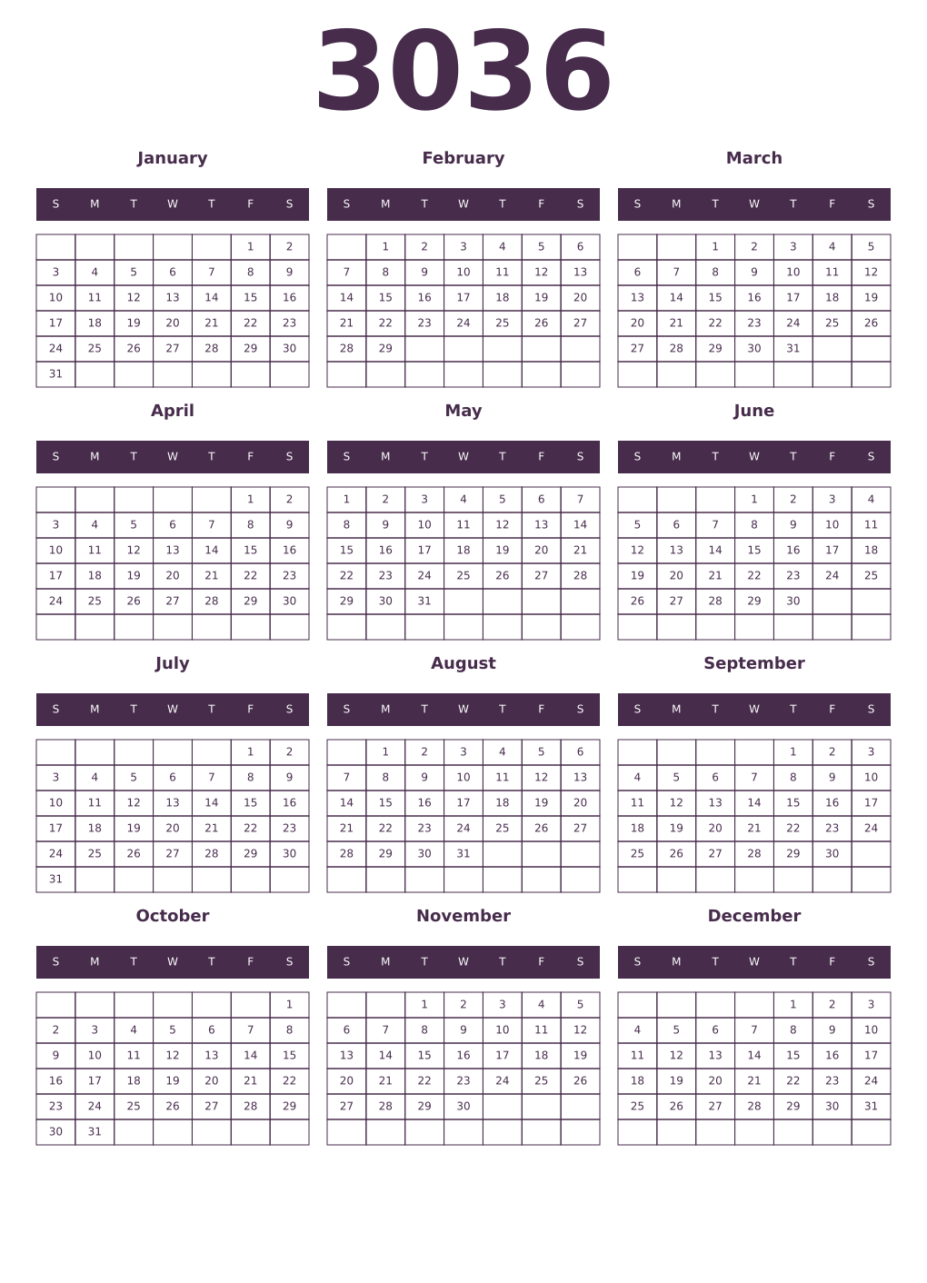 Printable 3036 Year Calendars aubergine