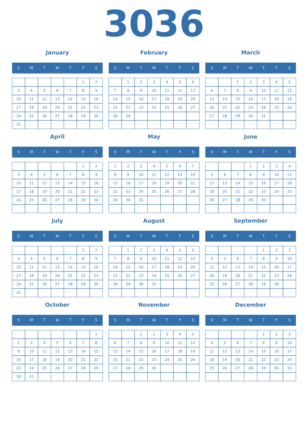 Printable 3036 Year Calendars blue
