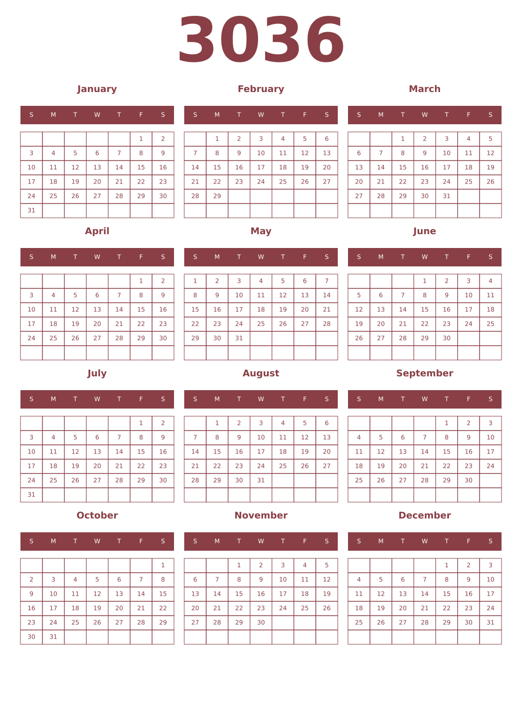 Printable 3036 Year Calendars cordovan