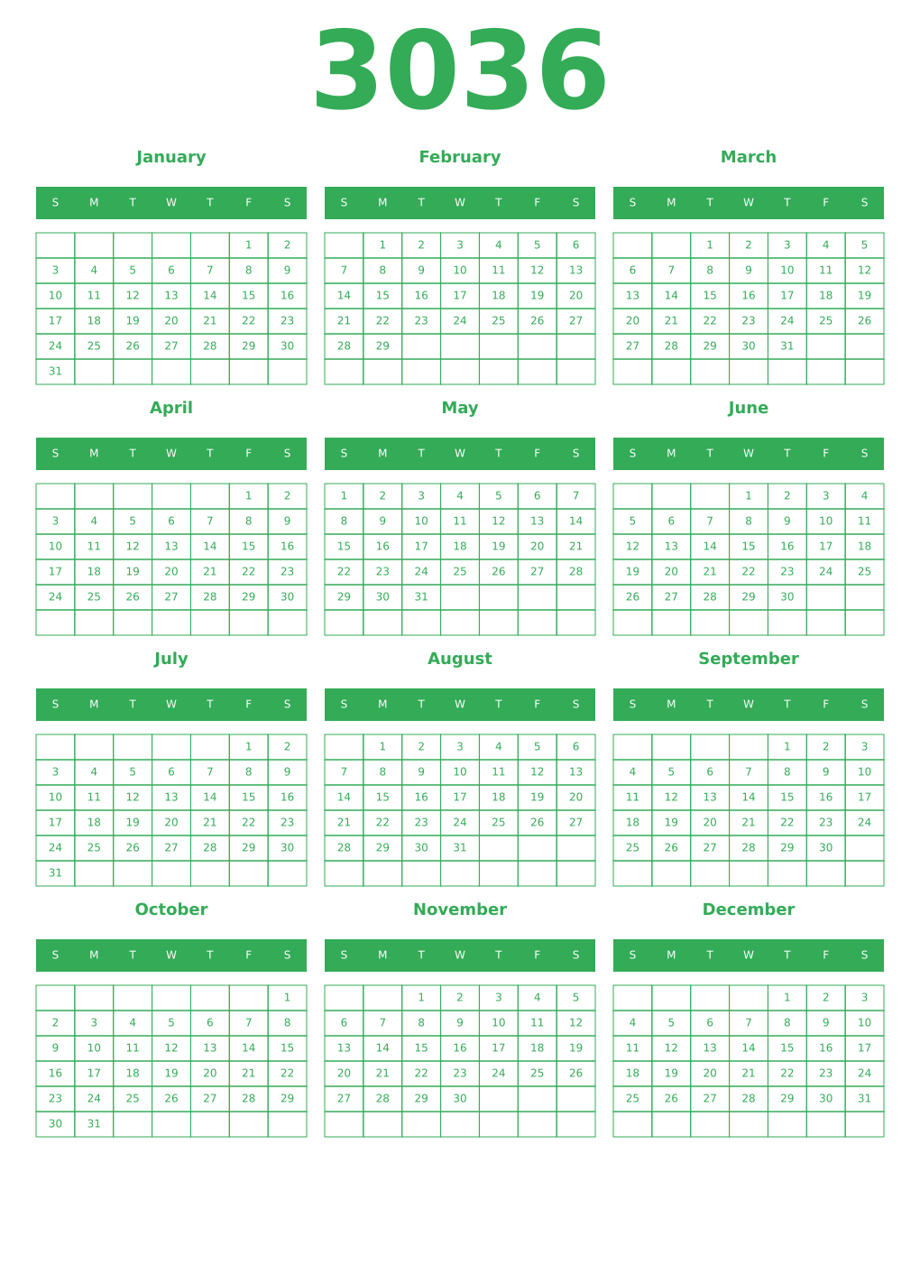 Printable 3036 Year Calendars green