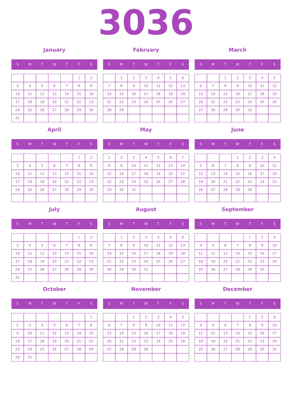 Printable 3036 Year Calendars purple
