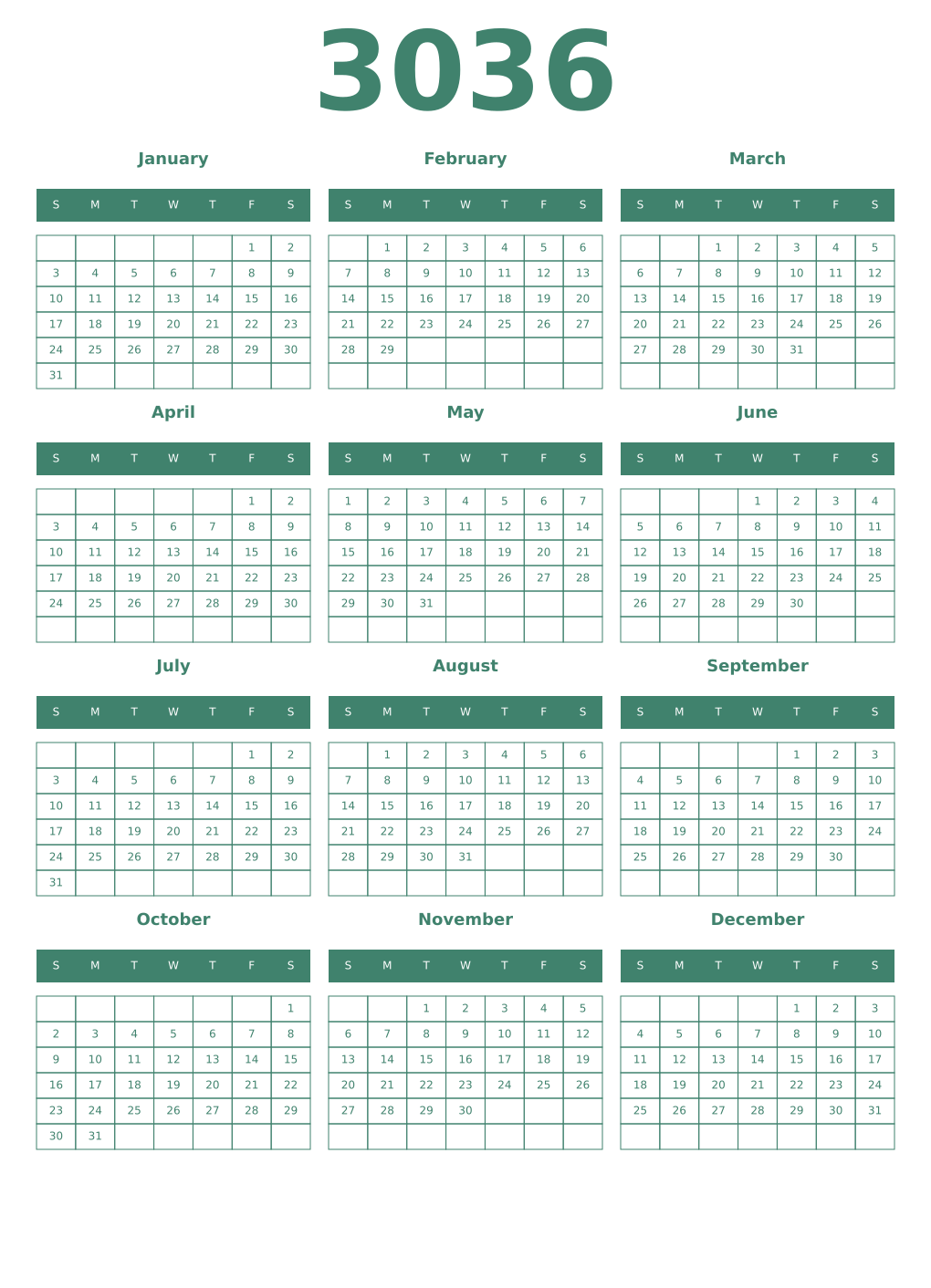 Printable 3036 Year Calendars viridian