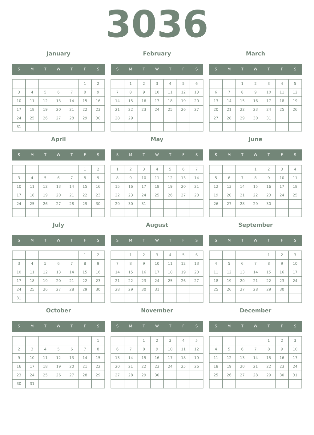 Printable 3036 Year Calendars xanadu