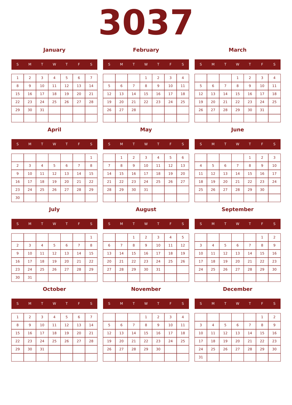 Printable 3037 Year Calendars falu