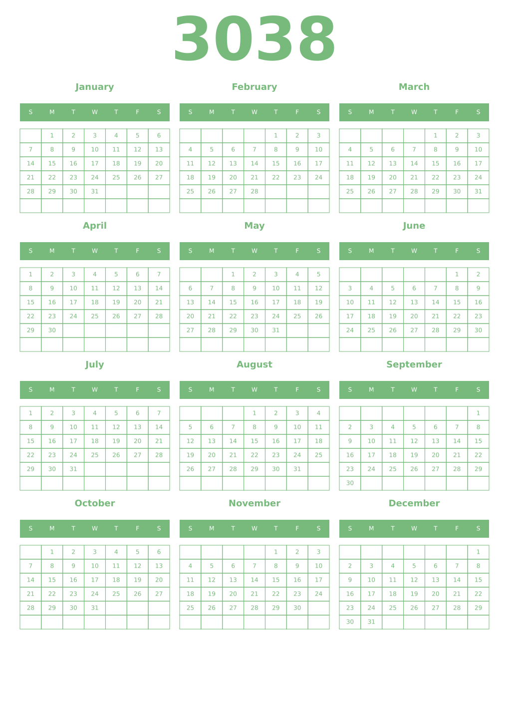 Printable 3038 Year Calendars celadon