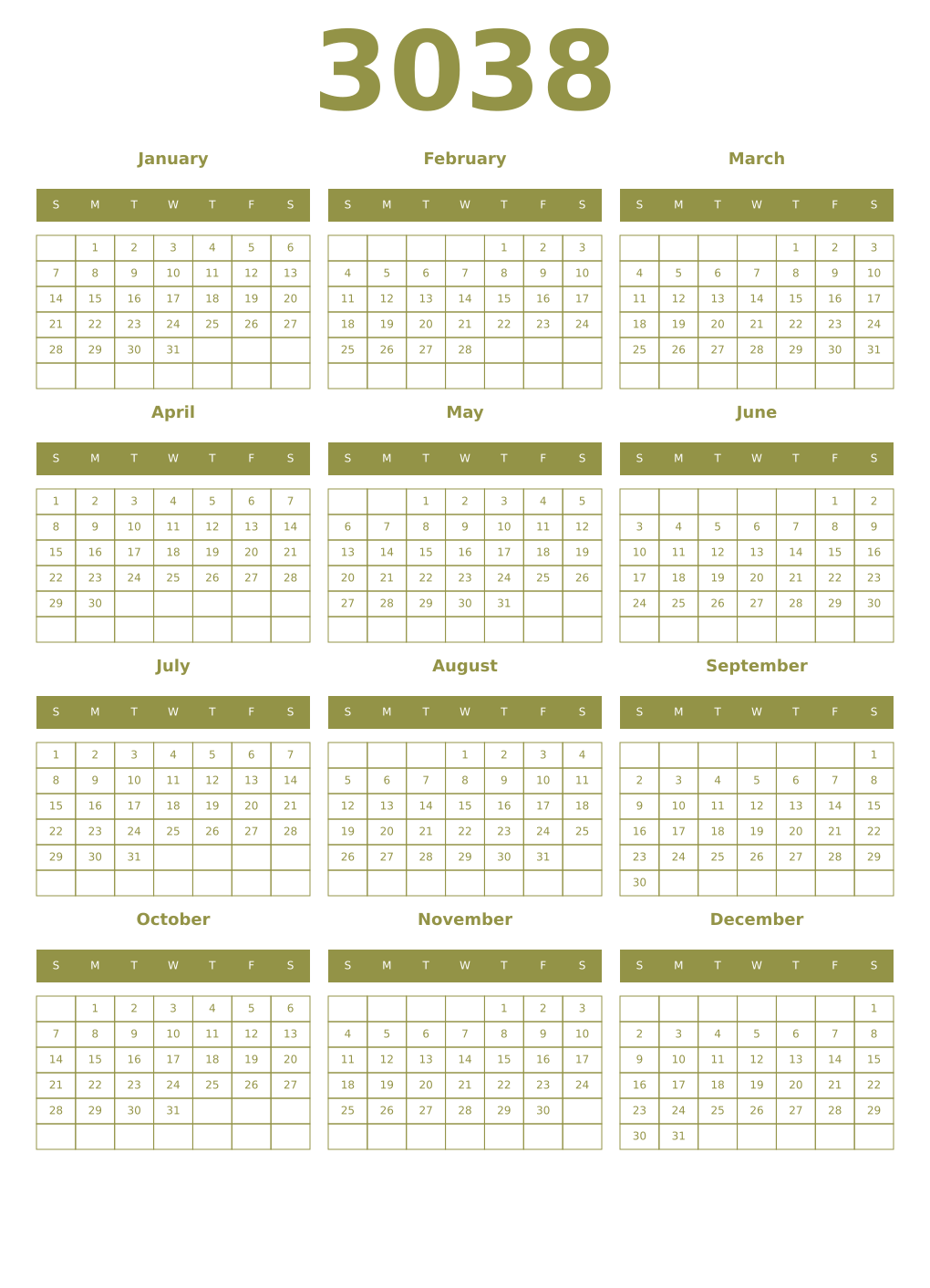 Printable 3038 Year Calendars eburnean