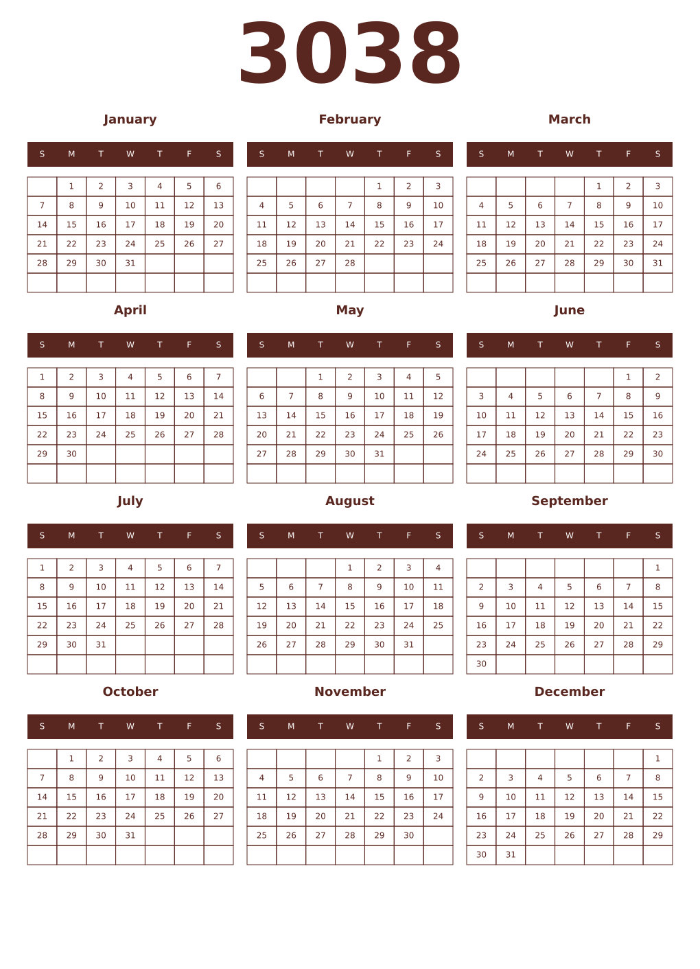 Printable 3038 Year Calendars mortuum