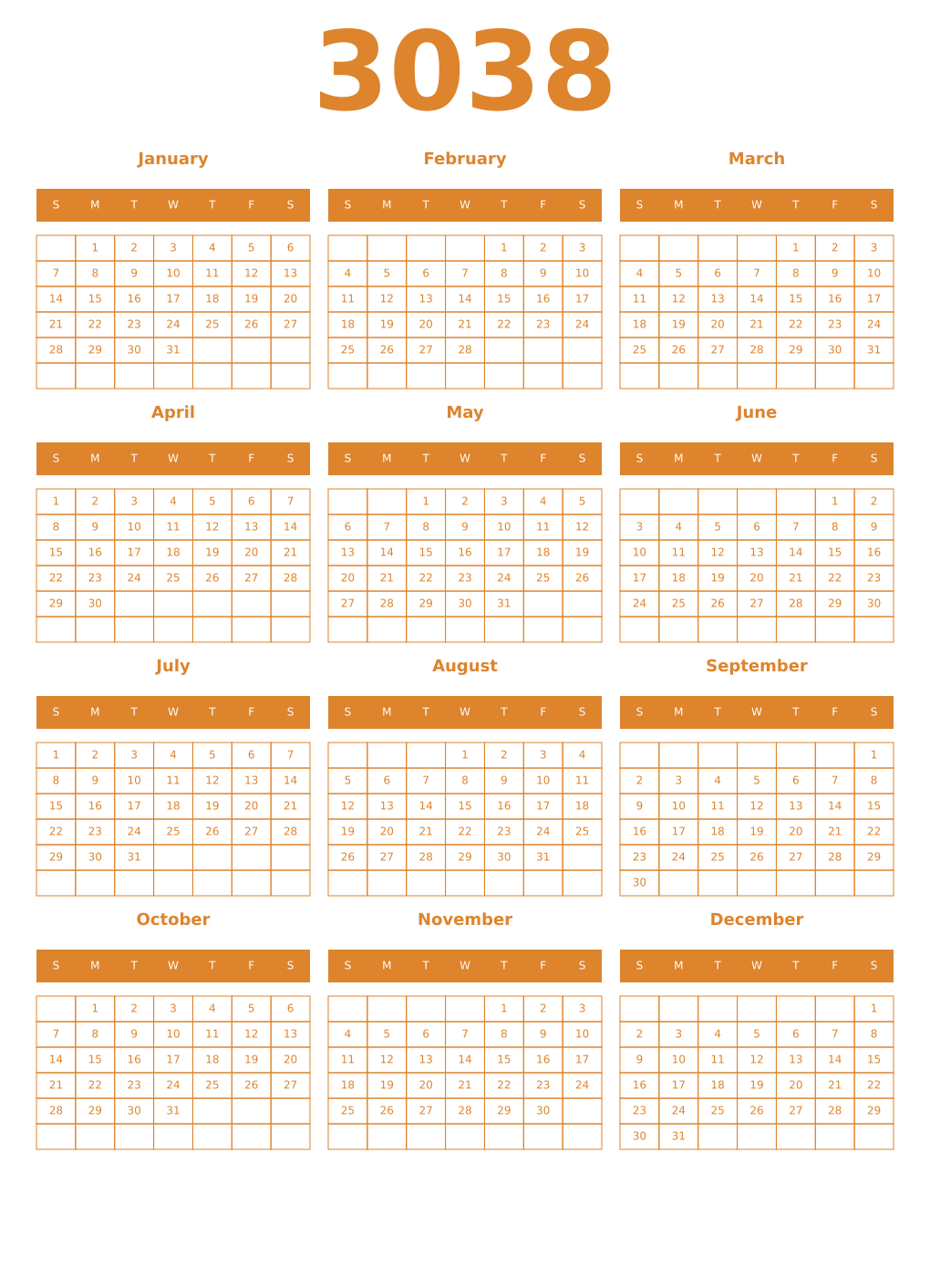 Printable 3038 Year Calendars orange